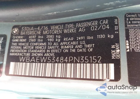 2004 BMW 330 Xi из США, поврежденный, VIN WBAEW53484PN35152